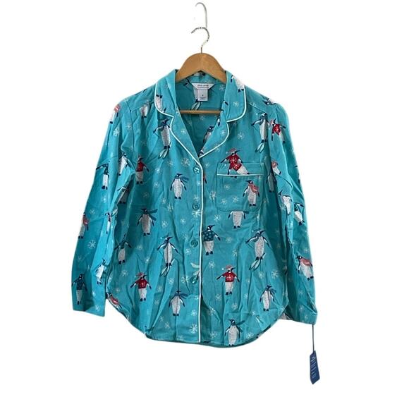 NWT Flannel Sleep Sense Blue Penguin Pajama Top Very Soft & Warm - Picture 1 of 5